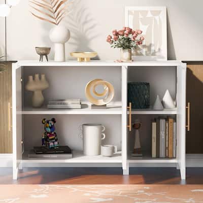 Stylish 3-Door Sideboard Buffet Cabinet with Vertical Pattern & Metal Handles for Hallway & Living Room
