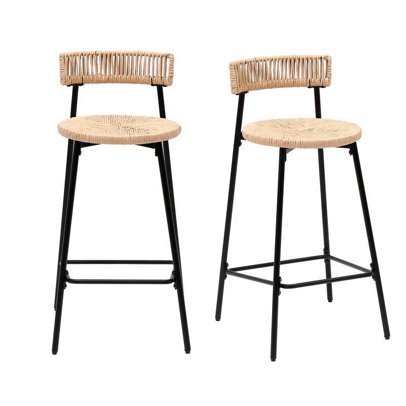 Hand Woven Bar Stools With Back Set Of 2 Paper Rope Round Barstools With Footrest