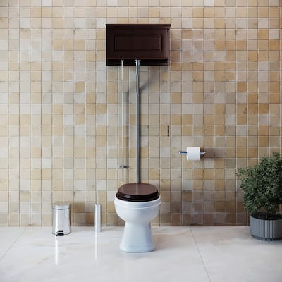 Dark Oak Wooden High Tank Toilet Raised Tank, Round White Bowl and Satin L Pipes