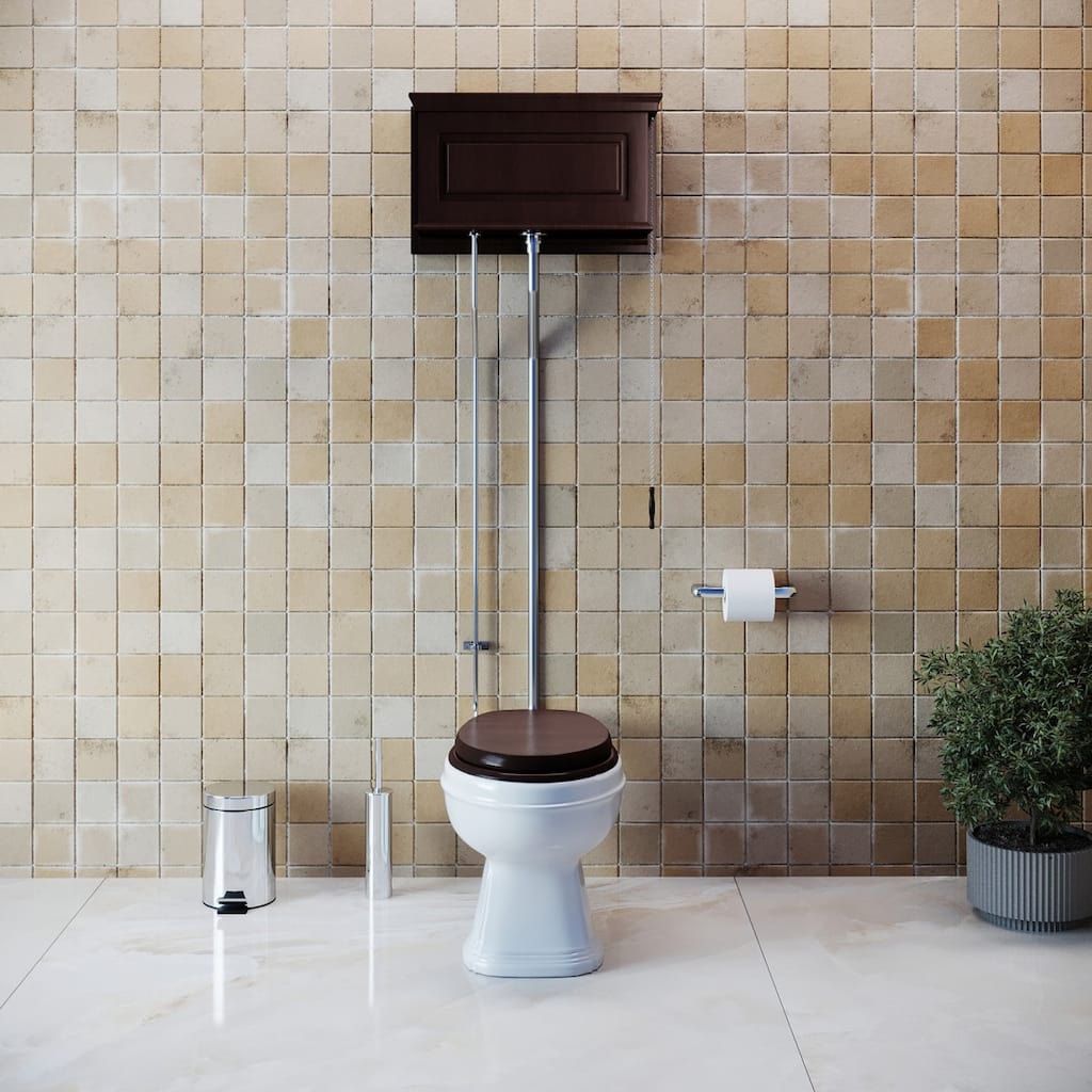 Dark Oak Wooden High Tank Toilet Raised Tank, Round White Bowl and Satin L Pipes