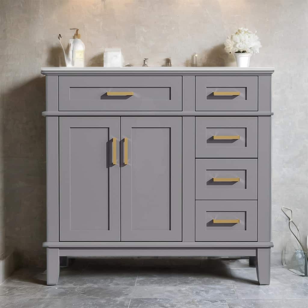36 inch Bathroom Vanity with Ceramic Sink, Soft Close Doors, 4 Drawers