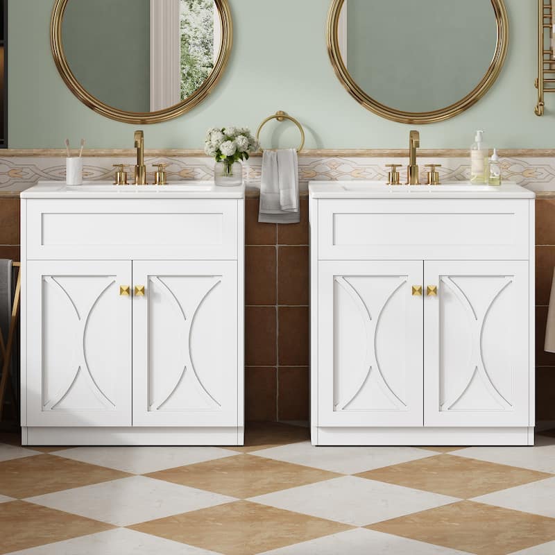 Roomfitters 60 Inch Bathroom Vanity with Ceramic Sink, Freestanding Storage Cabinet with Gold Handles & Soft Close Doors - White