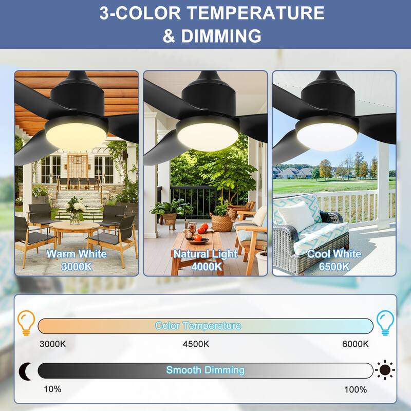 Outdoor Ceiling Fan with Light: 42-52 Inch Hanging - Plug in Waterproof Fans for Patio - Dimmable Remote App Control Black