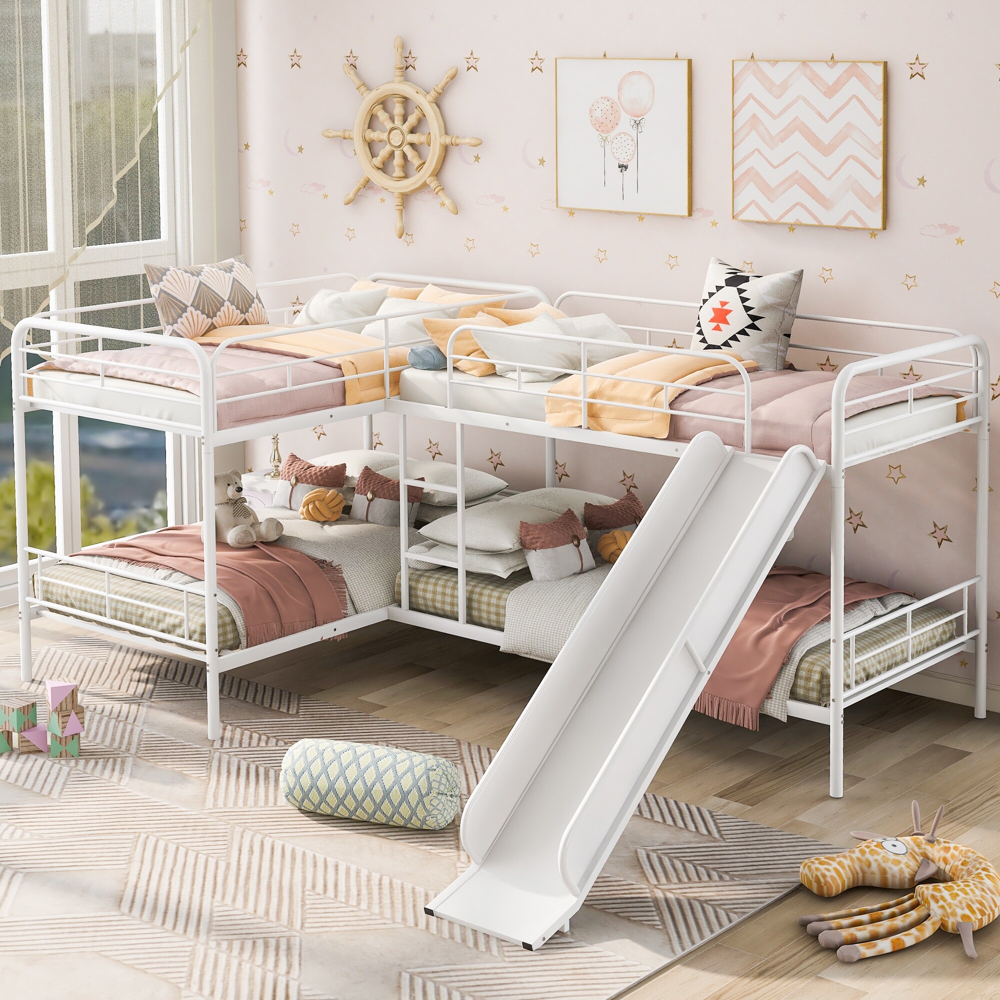 Twin Size L shaped Bunk Bed Metal Frame Kids Beds with Slide