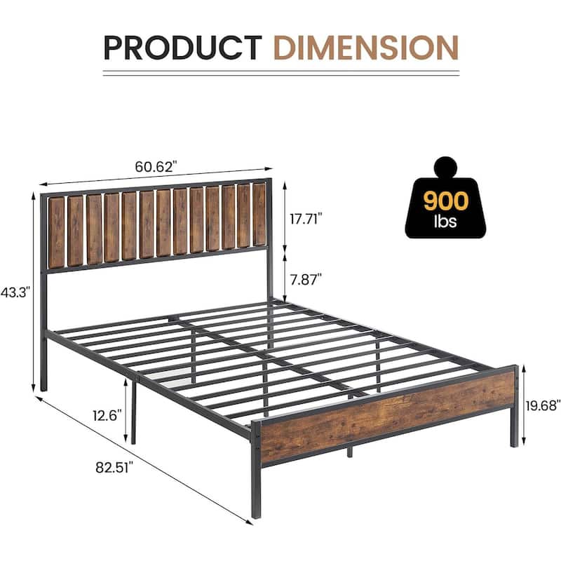 Platform Bed Frame, Rustic Vintage Wood Headboard