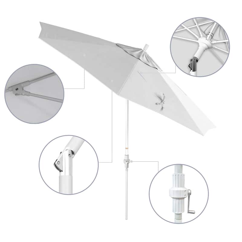 California Umbrella 9' Rd Patio Umbrella White Aluminum Frame Fiberglass Ribs Crank Lift Collar Tilt, Olefin Royal Blue Fabric