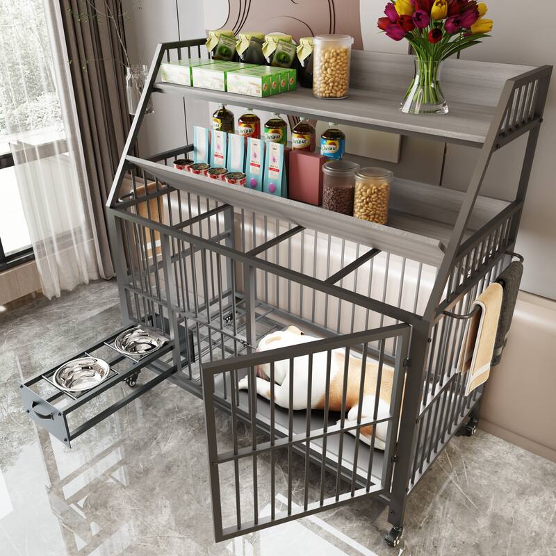 Large Pet Cage with Storage Rack, Drawers with Food and Water Basins, Double-Layer Storage Rack, Iron Frame and MDF Material