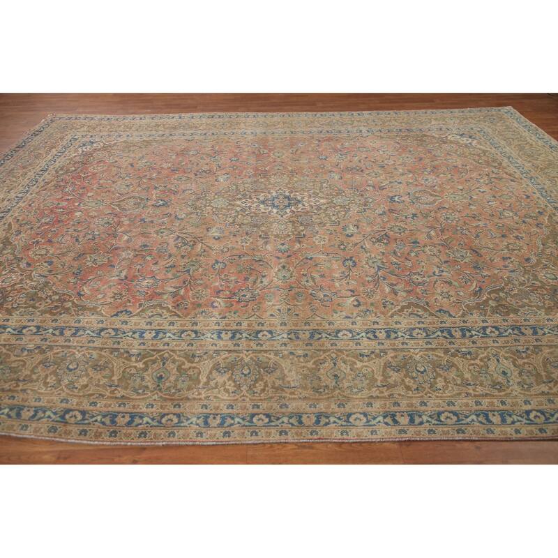 Hand Knotted Oriental 100% Wool Carpet Traditional Floral Pink Mashad Area Rug - 12' 5'' X 9' 4''