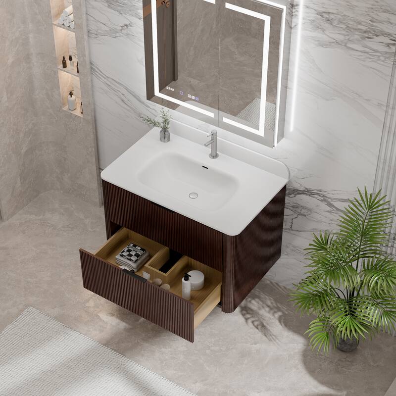 Modland Fluted Floating Vanity with Sink, Plywood Wall Mount Cabinet, Curved Edge, 24/30/36 Inch