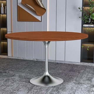 Verve 48" Modern Round Solid Wood Top Dining Table with Brushed Chrome Steel Pedestal Base for Kitchen & Dining Room