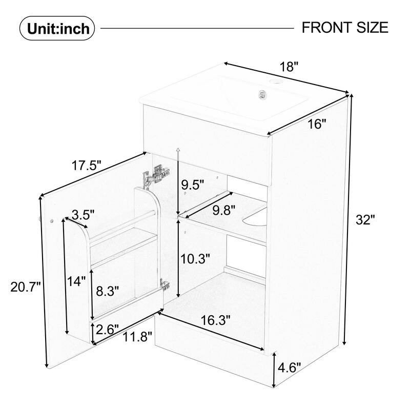 18" Bathroom Vanity with Sink, Vanity Cabinet with Door Shelf and Adjustable Shelf, White
