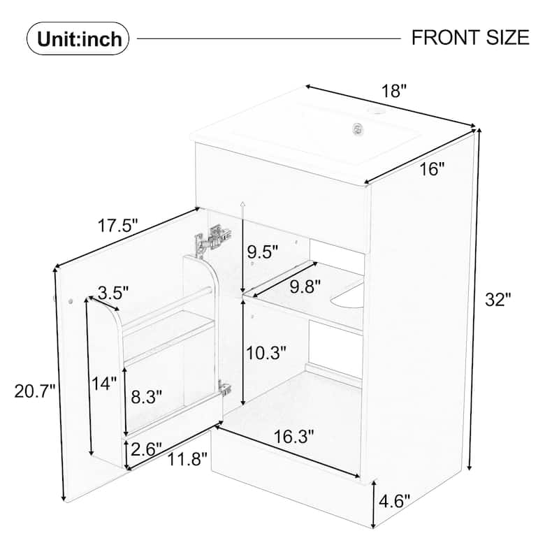 Compact 18 Inch Bathroom Vanity with Ceramic Sink, Painted MDF Cabinet, Storage Shelf, Soft Close Door