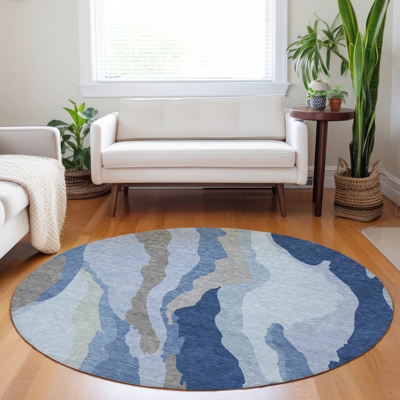 Machine Washable Indoor/ Outdoor Abstract Contemporary Chantille Rug - Blue - 8' x 8'