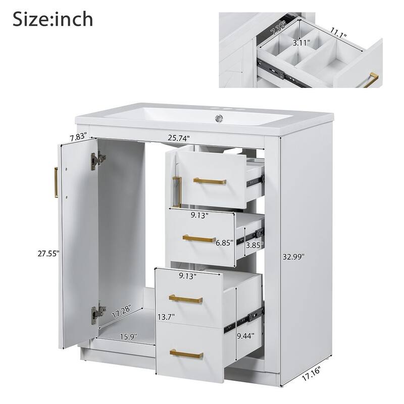 30'' Modern Freestanding Bathroom Vanity with Top Sink , Solid Wood Frame