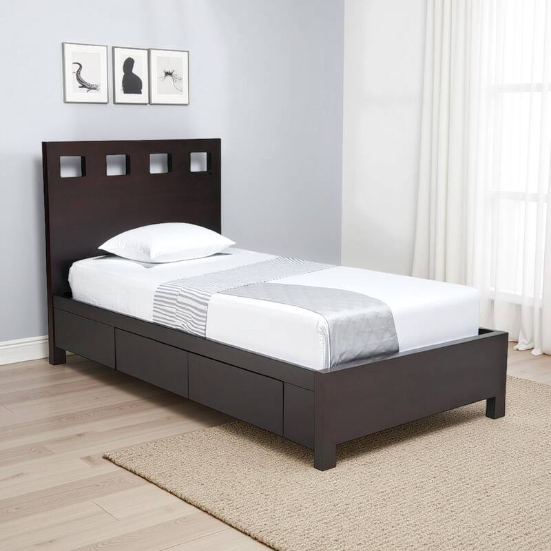 Yee Queen Storage Bed, Espresso Brown Finish, 4 Drawers, Cut Out Headboard