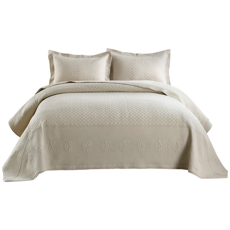 MarCielo 3 Piece Embroidered 100% Cotton Oversized Quilt Bedspread Set TM - Beige Khaki - Queen
