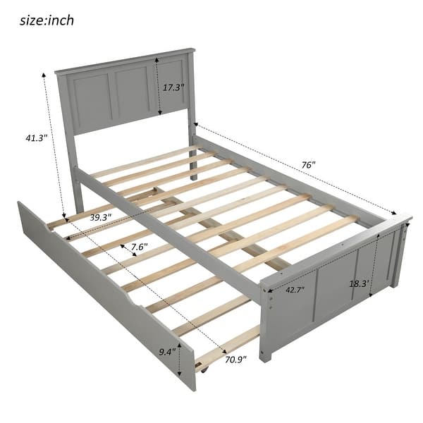 dimension image slide 1 of 2, Platform Bed with Twin Size Trundle, Twin Size Frame, Gray