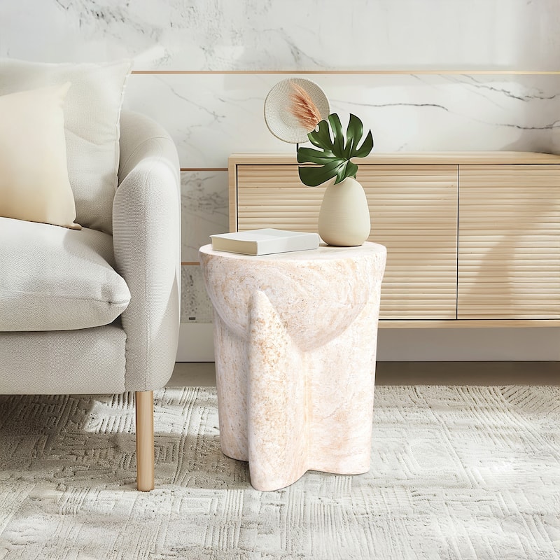 Abstract Travertine Stone Finish Italian Design MgO Side Accent Table - 15"x15"x18.3"