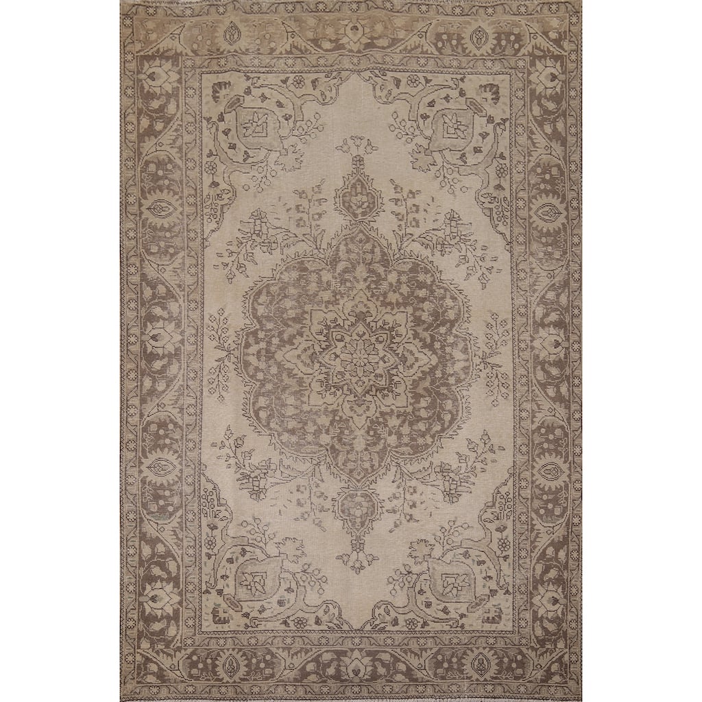 Distressed Tabriz Persian Vintage Area Rug Handmade Beige Wool Carpet - 6'7" x 9'9"