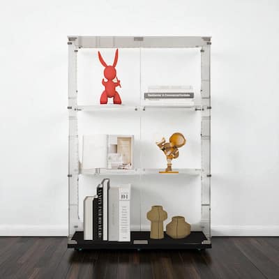 49.7" Tempered Glass Display Cabinet with Door Lock, Bluetooth LED Light Strip, Wine & Storage Cabinet with Casters