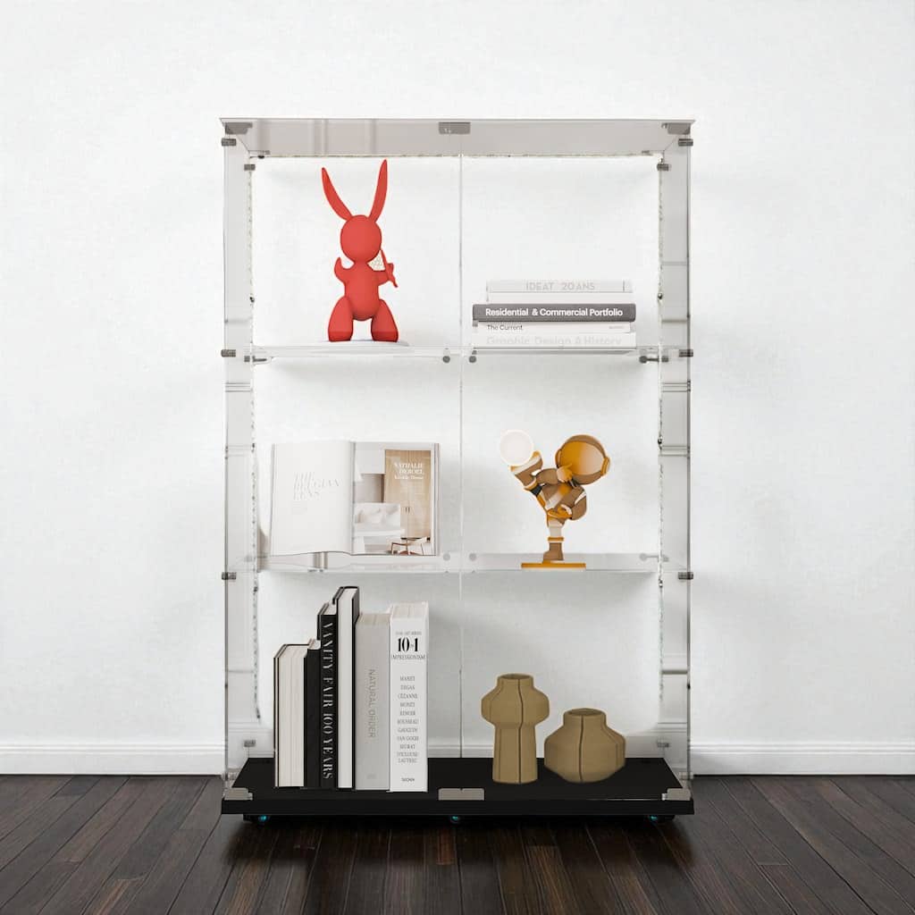 49.7" Tempered Glass Display Cabinet with Door Lock, Bluetooth LED Light Strip, Wine & Storage Cabinet with Casters