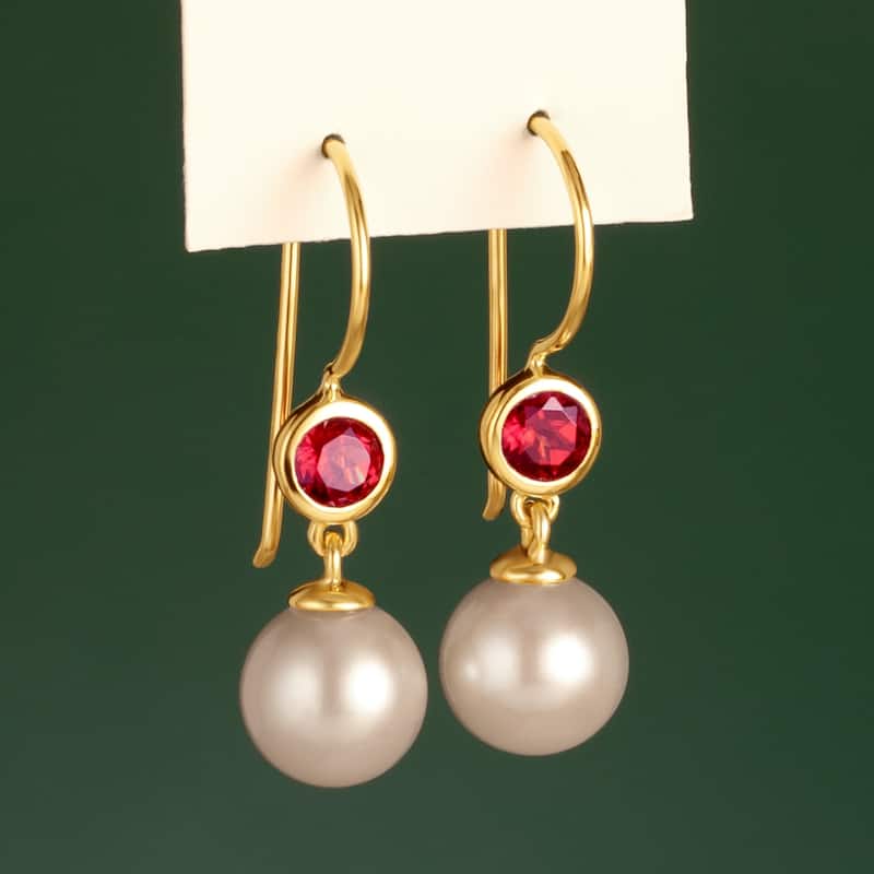 14k Yellow Gold Freshwater Pearl and Garnet Birthstone Drop Earrings