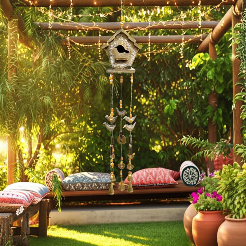 Wood Metal Hand Painted Birdhouse Chime Home Garden Decor - 38" Brown - 7" x 5" x 38"