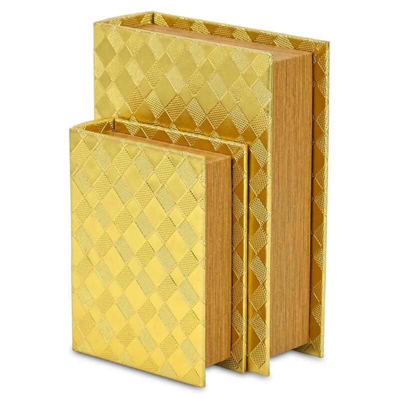 Diamond Checkered Nesting Book Boxes - 11" - Gold - Set of 2