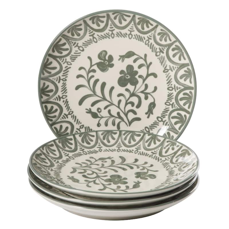 Bloomhouse - 2-Time Oprah's Favorite Things - Valencia Flor 4 Piece 10.75" Dinner Plate Set, Stoneware Floral Decal Design - Fern Green