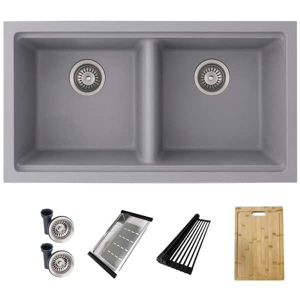 slide 2 of 15, STYLISH 33 inch Composite Granite 50/50 Double Bowl Dual Mount Sink - 33" x 18" x 9.5" Grey