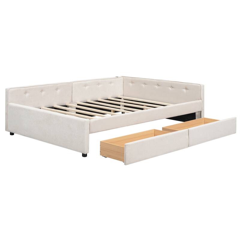 Full Size Upholstered Platform Bed with USB Ports and Storage Drawers, Beige