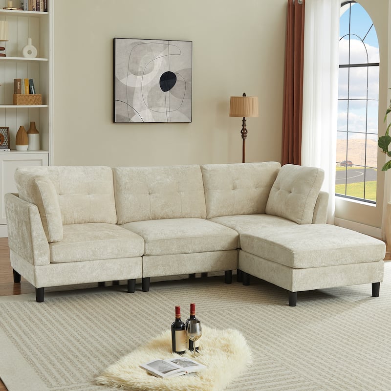 99.4" Chenille High Armrest L Shaped Sofa with Ottoman