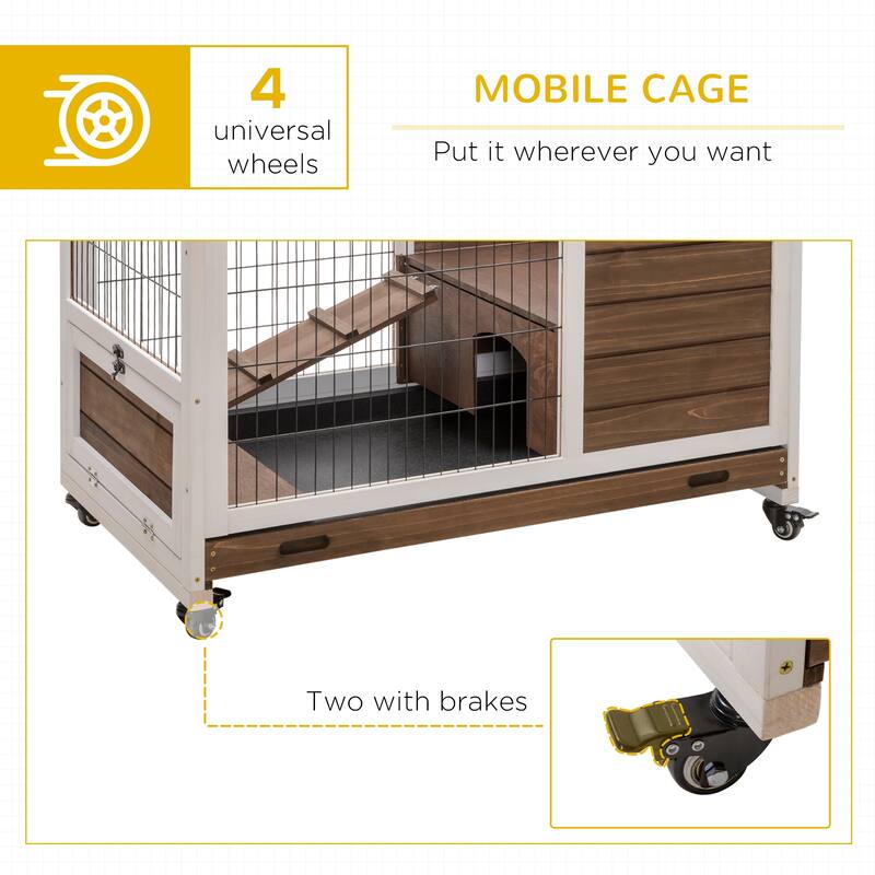 Brown Fir Wood Bunny Hutch with Run Ramp Wheels and Removable Tray for 1-2 Small Pets - 35.5" L x 20.75" W x 23.25" H