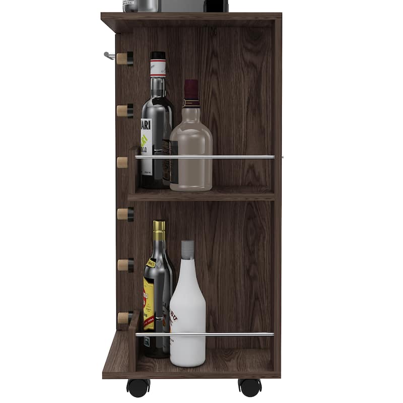 Bar Cart, Two External Shelves, Four Casters, Six Built-in Wine Rack, Single Door Cabinet -Dark Walnut