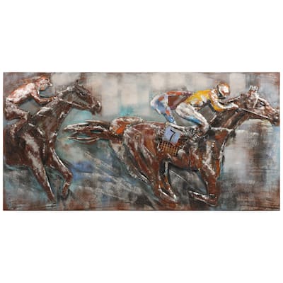 "Horse Race" Mixed Media Iron Hand Painted Dimensional Wall Art