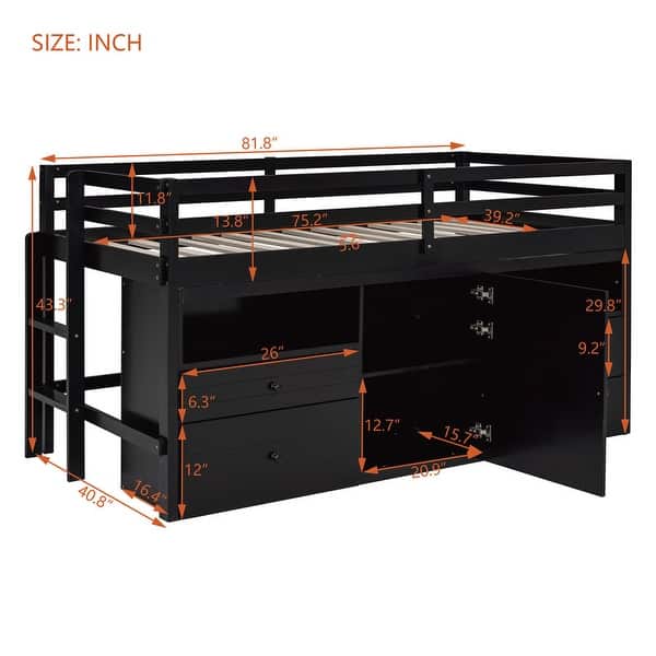 dimension image slide 2 of 3, Double loft bed with 4 drawers under cabinets and shelves, white