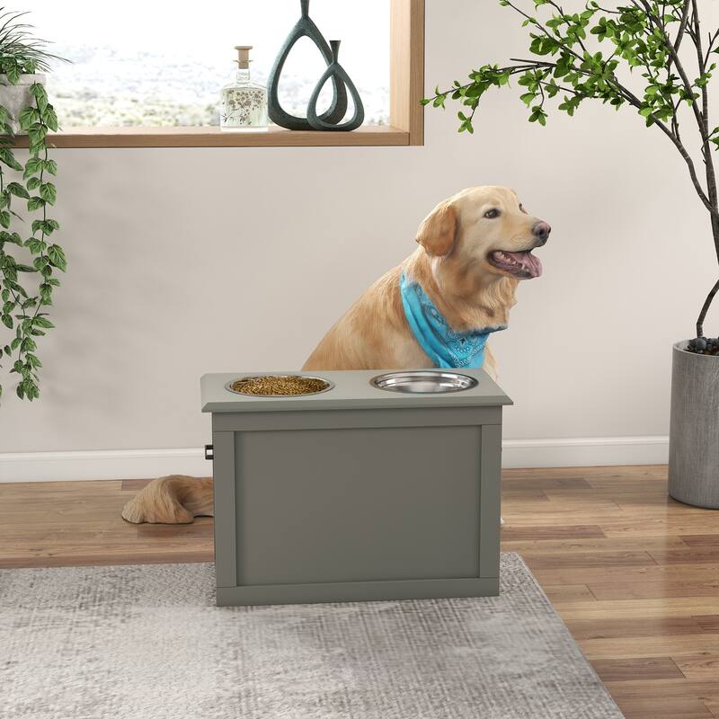 PawHut Raised Pet Feeding Storage Station with 2 Stainless Steel Bowls Base for Large Dogs and Other Large Pets - Gray
