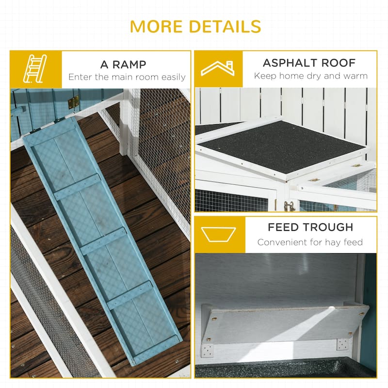 Outdoor Bunny Hutch with Waterproof Roof and Large Run Ramp Feeding Trough for 1-2 Small Animal - 61.5"L x 22.75"W x 26.75"H