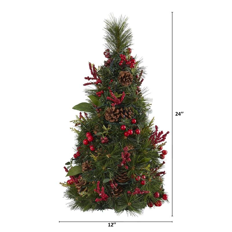 2’ Berry & Pine Cone Artificial Christmas Tree, Clear LED Lights - 2 Foot