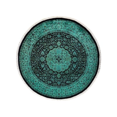 Overton Hand Knotted Wool Vintage Inspired Modern Contemporary Overdyed Green Round Area Rug - 4' 7" x 4' 7"