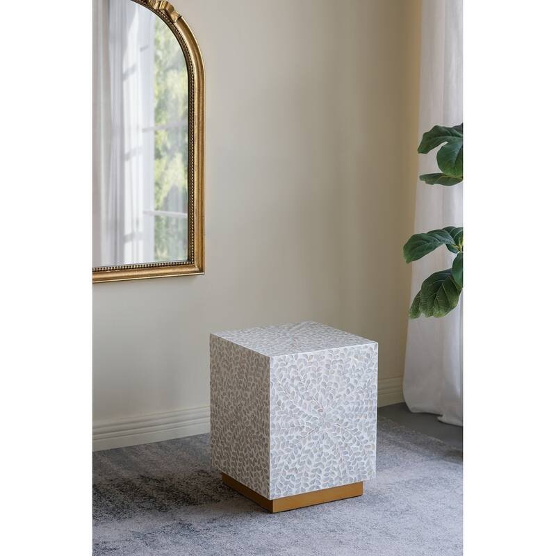 14x14x18" Square Accent Stool With White Capiz Shell Finish And Gold Pedestal Base