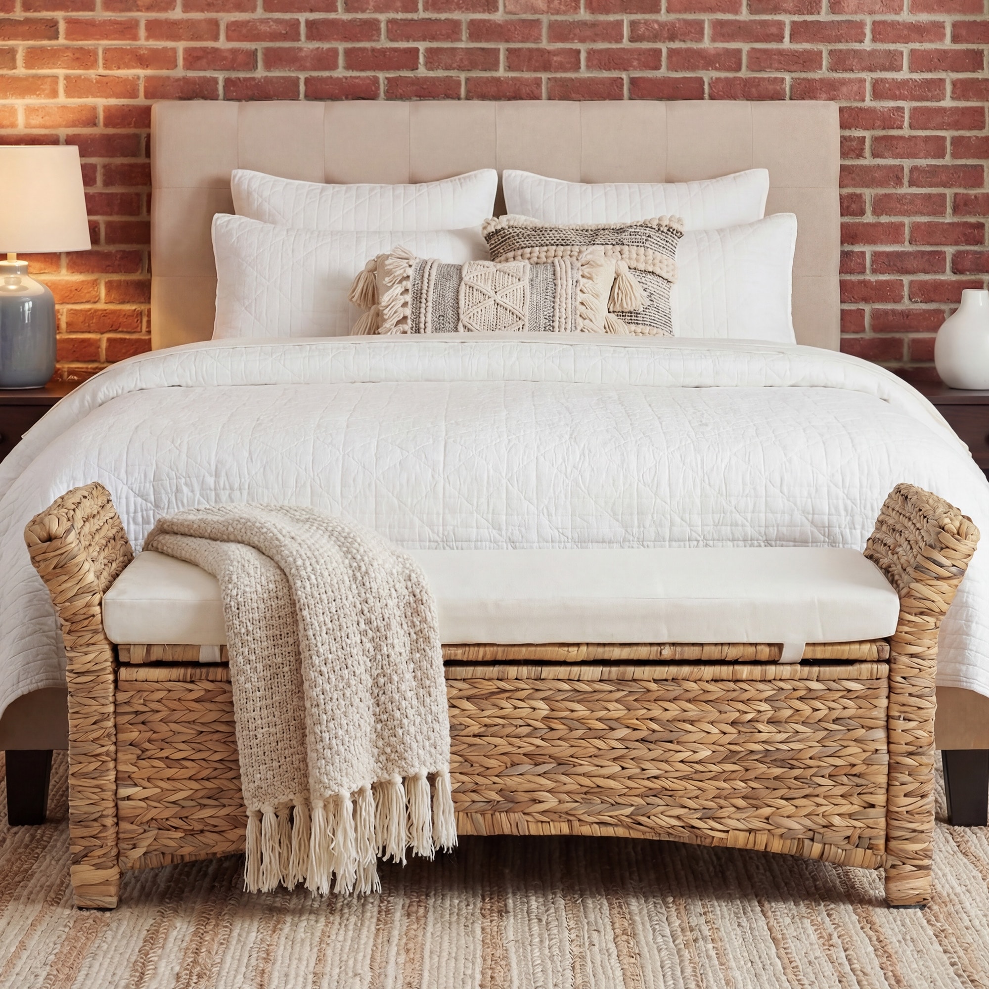 43.5'' Wicker Upholstered Storage Bench with Ergonomic Arms for Entryway, Bedroom, or Patio - 22.2'' H X 53'' W X 17'' D