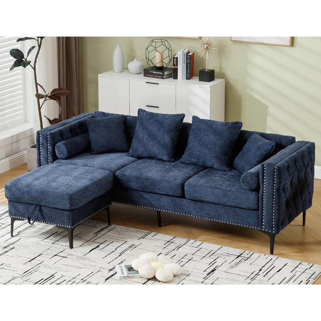 85" L-Shaped 4-Seater Sofa with Convertible Ottoman and Modern Tufting