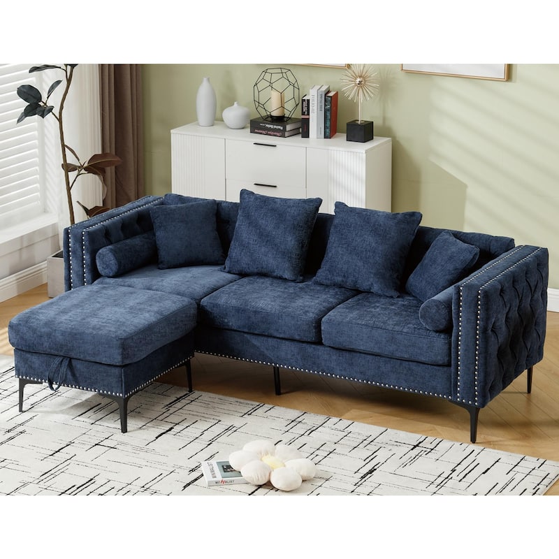 85'' L-Shaped 4-Seat Sectional Sofa with Convertible Storage Ottoman, Pillows, Solid Wood Frame, and Modern Tufted Design - Blue