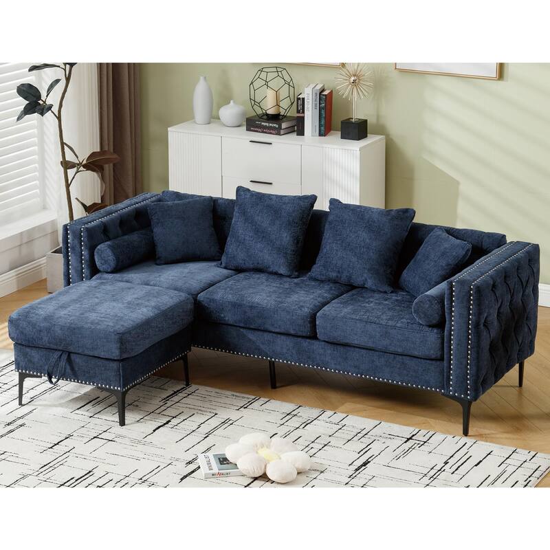 85'' L-Shaped 4 Seater Sectional Sofa with Convertible Storage Ottoman, Pillows, Solid Wood Frame, Modern Tufted Design - Blue