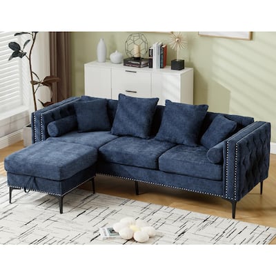 Blue 85" L-Shaped 4-Seater Sectional Sofa with Convertible Storage Ottoman, Pillows, Solid Wood Frame, and Modern Tufting