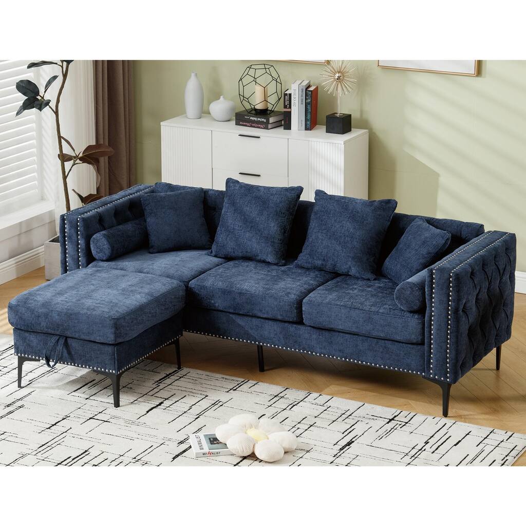 Blue 85" L-Shaped 4-Seater Sectional Sofa with Convertible Storage Ottoman, Pillows, Solid Wood Frame, and Modern Tufting