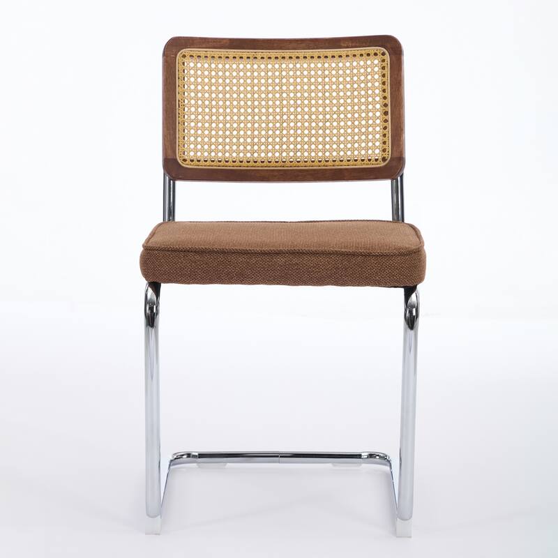 Modern Dining Chairs Set of 2, Velvet Accent Chairs with Natural Cane Back & Stainless Chrome Base, Upholstered Rattan Chairs