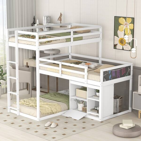 slide 2 of 3, L-shaped Triple Twin Size Bunk Bed with Integrated Storage Cabinet and Blackboard, Built-in Ladder White