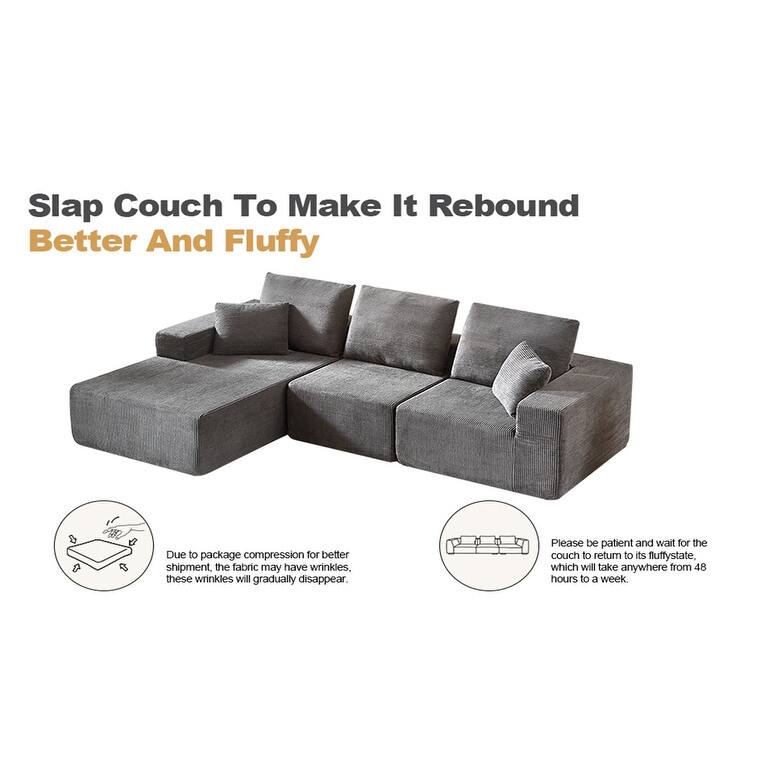Modular Sectional Sofa with L Shape Chaise Lounge, Corduroy Upholstered 3 Seater Sofa, Deep Seat Cloud Sofa with Pillows
